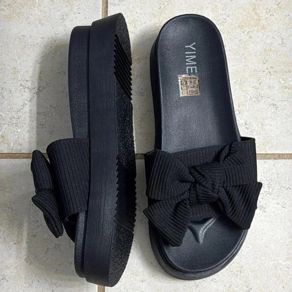 NWOT! Size 8 / Size 40 • YIMEIBI All Black Sandals • Thick Sole Preppy Slides - Picture 2 of 8